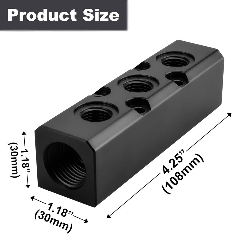 MARSTEK Air Manifold, 3 Way 5 Port Air Compressor Manifold, Air Hose Inline Manifold Block Splitter, Pneumatic Manifold Air Distribution Block, NPT 1/2 Inch Supply Port, NPT 1/4 Inch Output Port(BLACK) - Image 2
